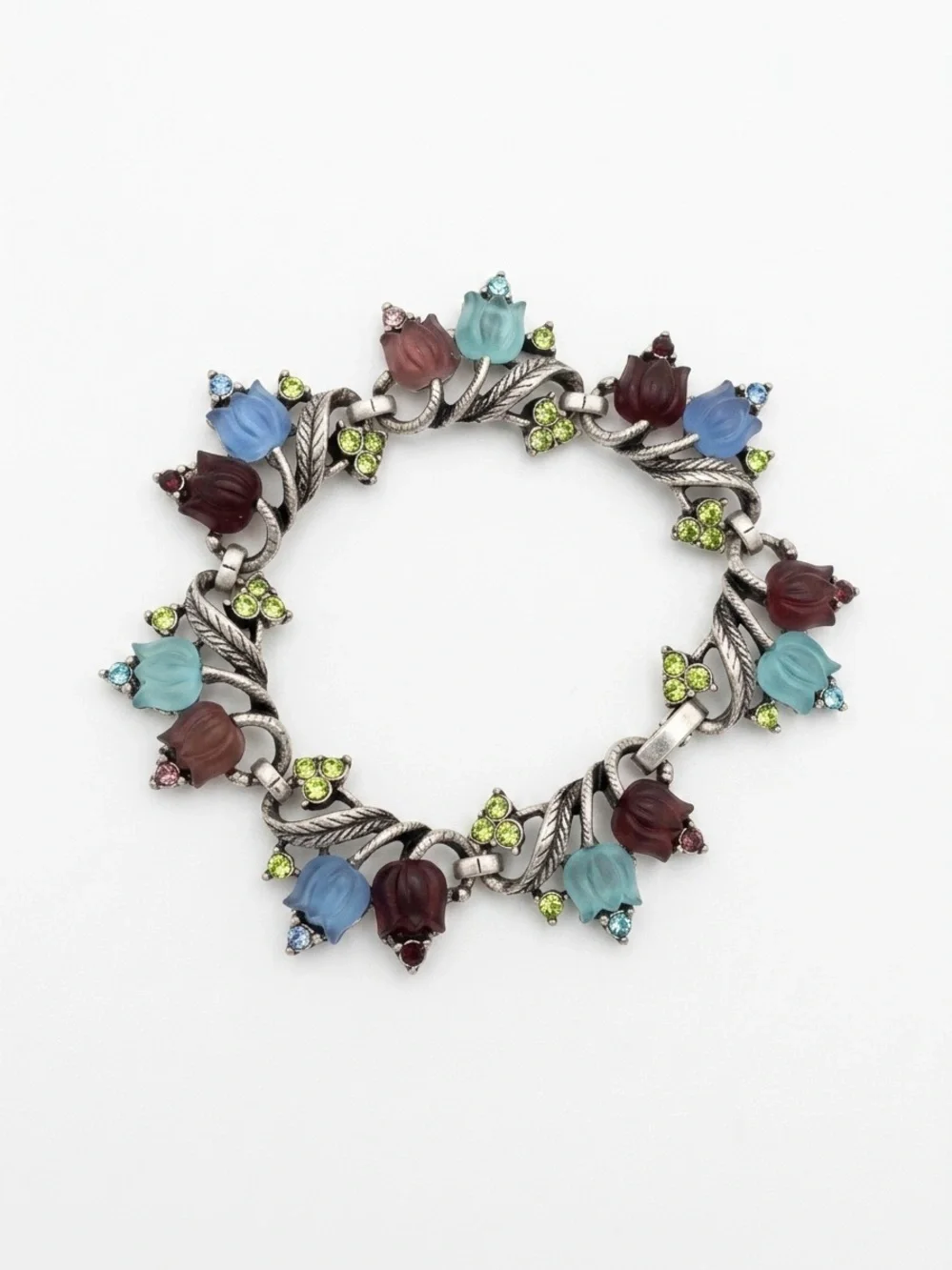 Sweet Romance Molded Glass Tulip Link Bracelet Vintage Style Floral Jewelry